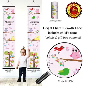 Girls Height Charts - Hoot Owls Pink