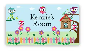 Room Door Sign with Owl Birds with Spring Flowers